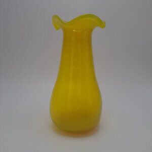 Vintage Yellow Blown Glass Vase With Ruffled Edge